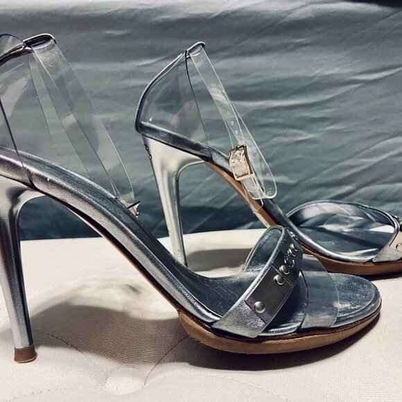 CHANEL Silver Leather Clear Strap Stud CC Plate Sandals - Picture 5 of 11